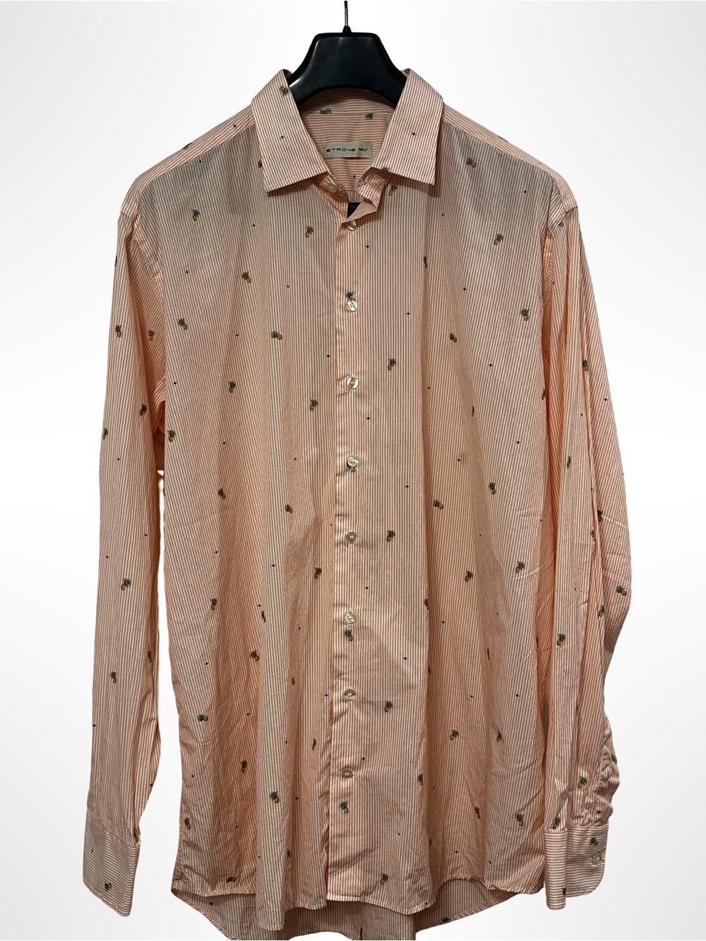 Etro Orange Striped Pineapple Embroidered Dress Shirt Sz 45